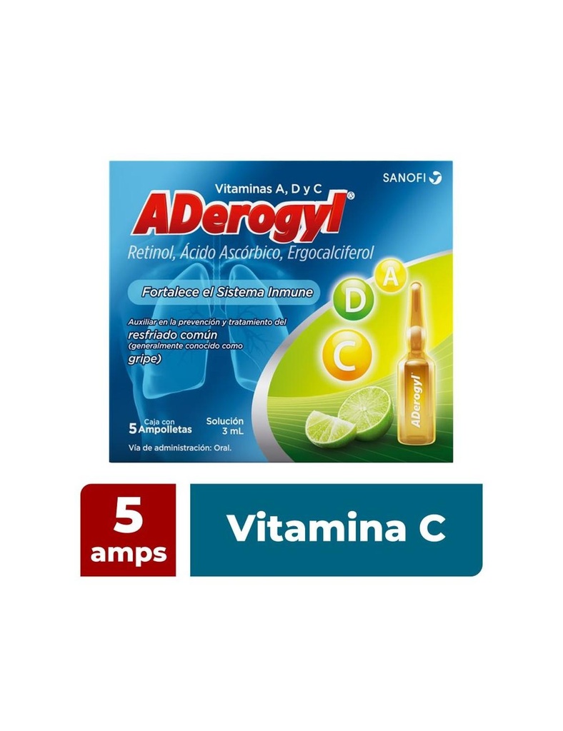 [7501165003040] Aderogyl Vitaminas A, C Y D  Fortalece El Sistema Inmune, 5 Ampolletas De 3 Ml
