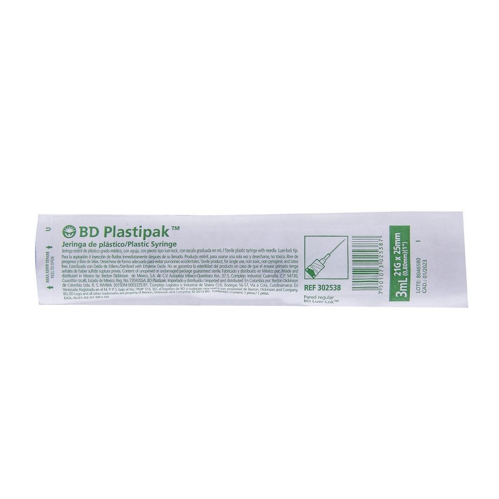 Jeringa Desechable BD 3 Ml 21 G X 25 Mm