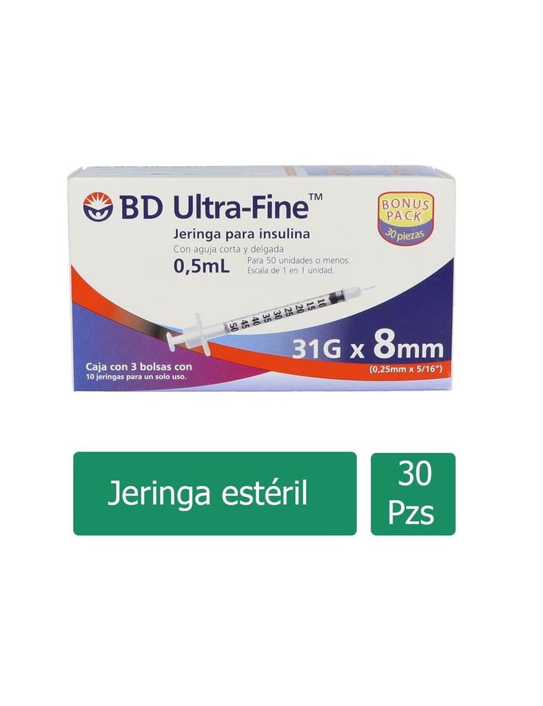 Jeringa Desechable BD Ultra-Fine Inyección 0.5 Ml 31 G X 8 Mm 30 Piezas