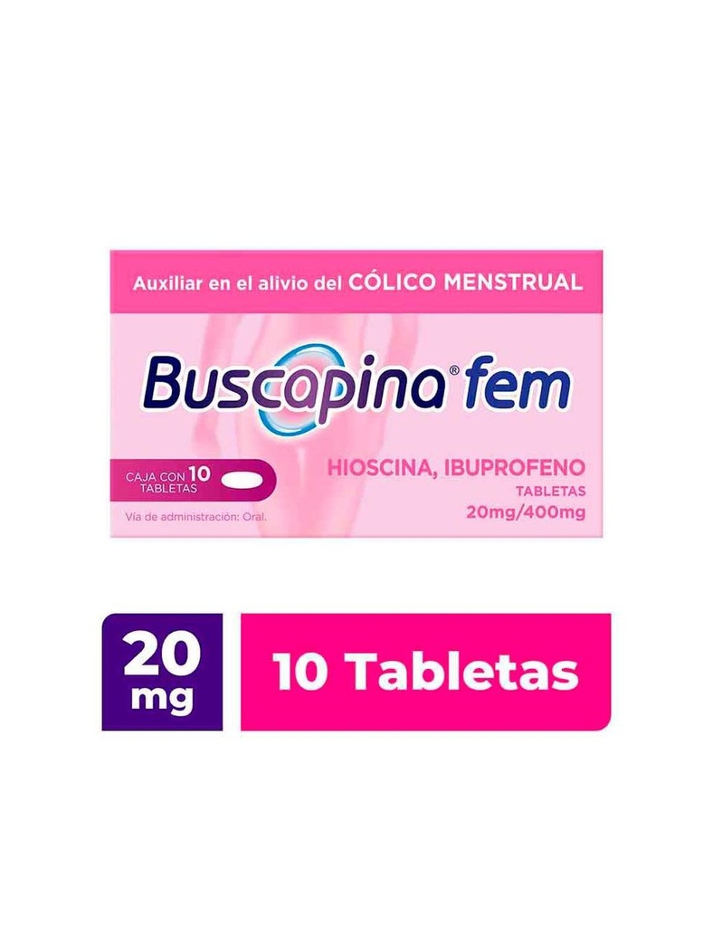 Buscapina Fem Alivia Los Cólicos Menstruales Hioscina 20 Mg / Ibuprofeno 400 Mg, 10 Tabletas