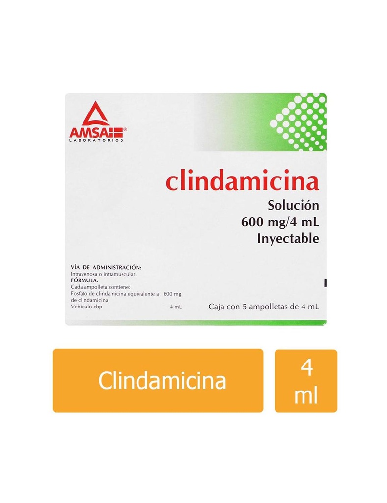 Clindamicina 600 Mg/ 4Ml Solución Inyectable Caja Con 5 Ampolletas