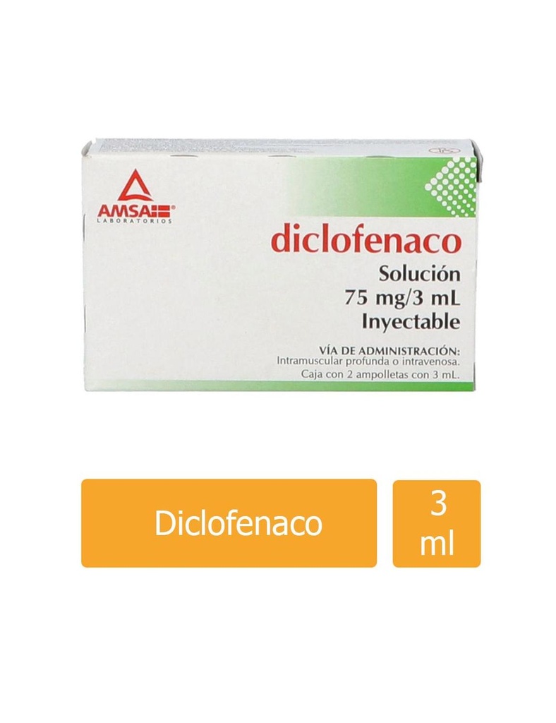 Diclofenaco 75 Mg Solución Inyectable 2 Ampolletas 3 Ml Genérico Amsa 