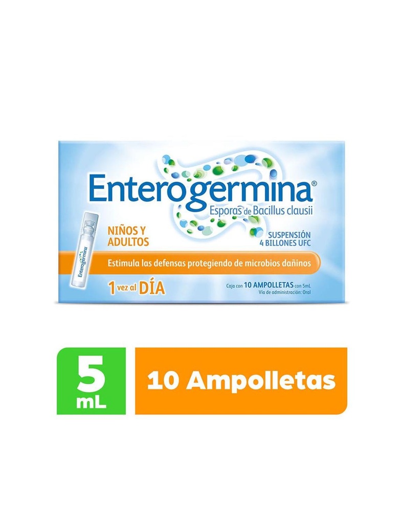 Enterogermina Probióticos. Suspensión De Bacillus Clausii 4 Billones De Ufc 10 Ampolletas De 5 Ml C/U 
