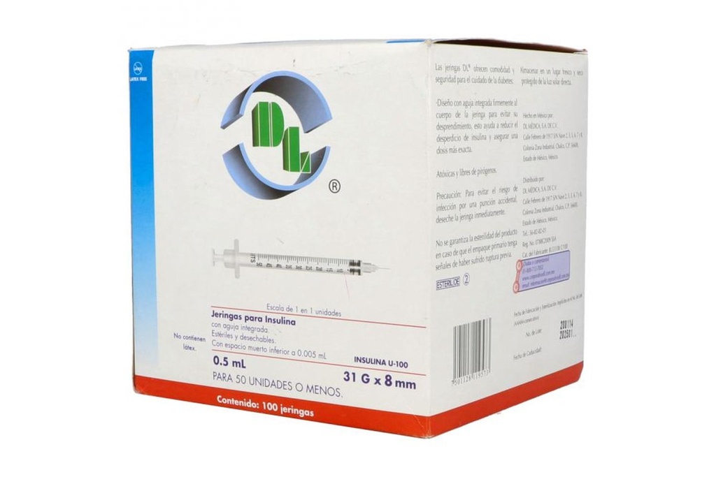 Jeringa Desechable 0.5 Ml Insulina 30 G X 8 Mm 100 Piezas 