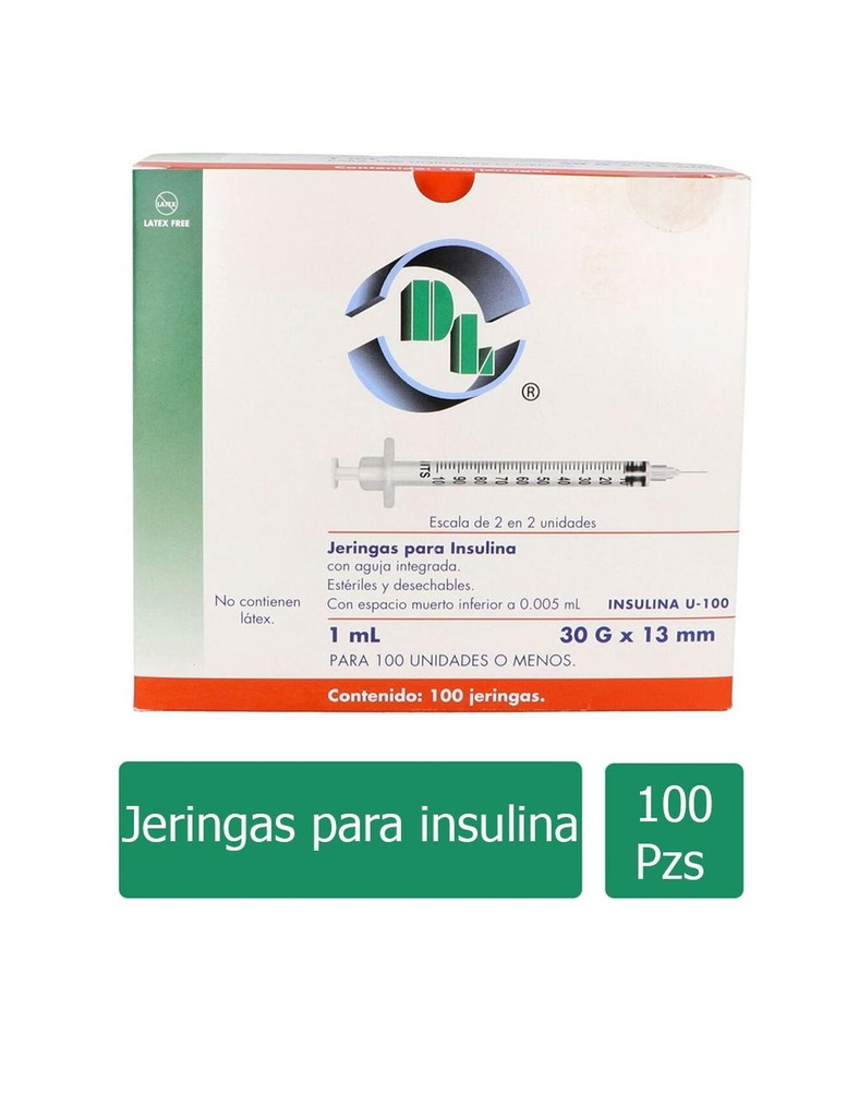 Jeringa Desechable 1 Ml Insulina 30 G X 13 Mm 100 Piezas 