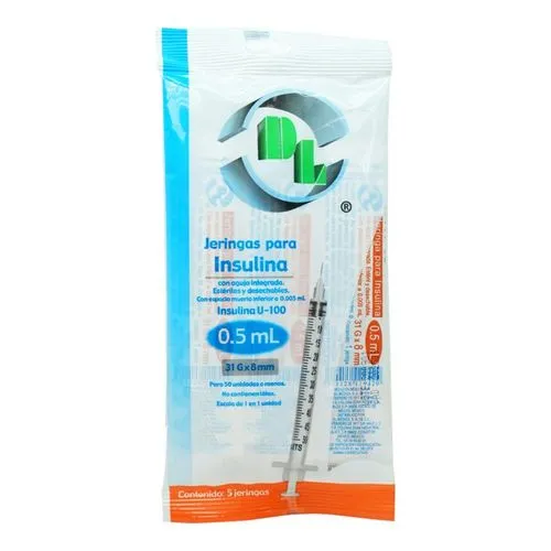 Jeringa Desechable Dl 0.5 Ml Insulina 31 G X 8 Mm 5 Piezas 