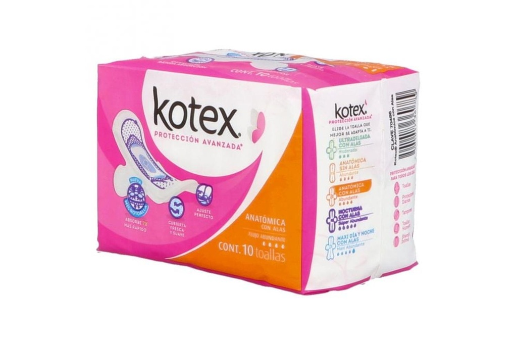 Toallas Sanitarias Kotex Anatómica Delgadas Con Alas 10 Piezas 