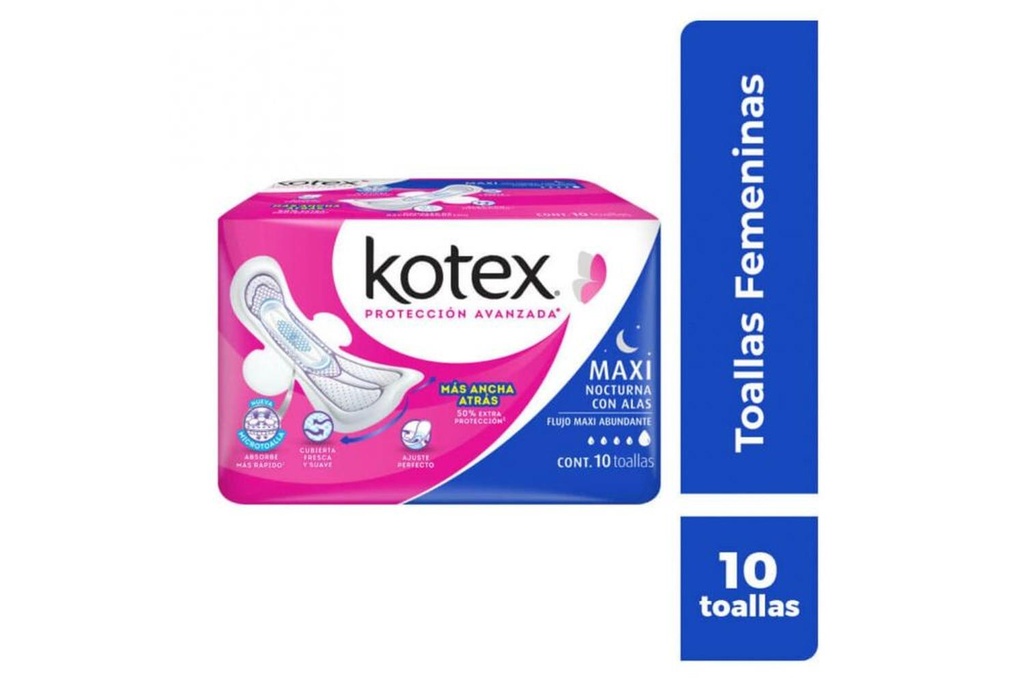 Toallas Sanitarias Kotex Maxi Flujo Abundante Con Alas 10 Piezas 