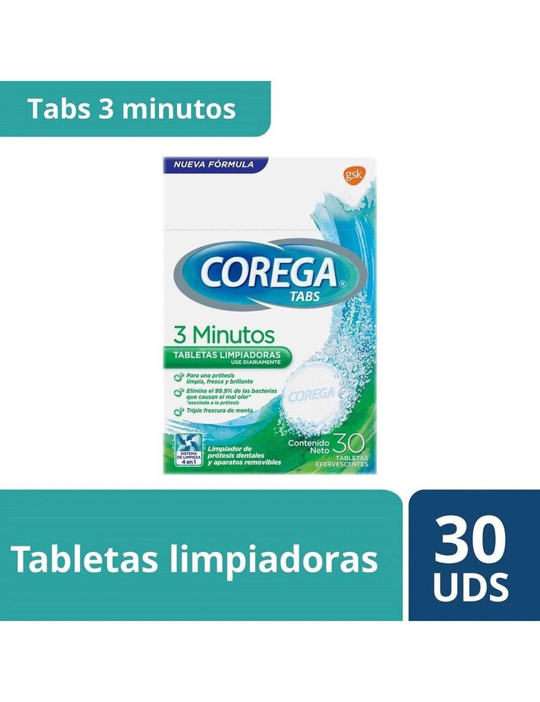 Limpiador De Prótesis Corega Efervescentes 30 Tabletas 