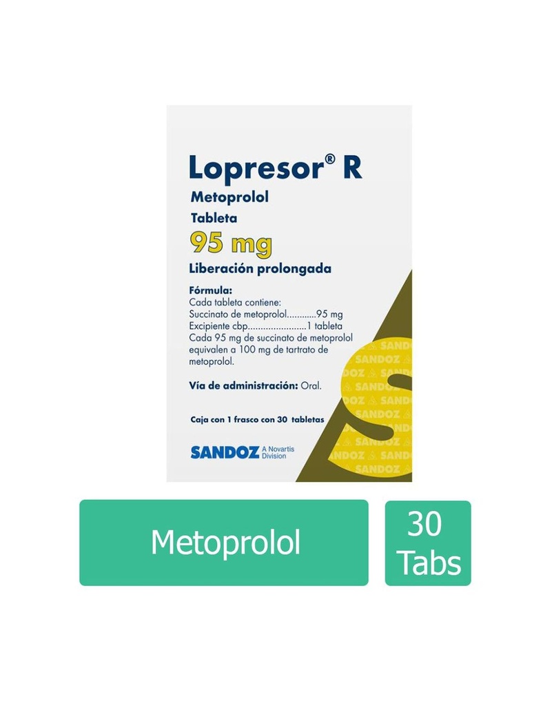 Lopresor R Liberación Prolongada 95 Mg 30 Tabletas 