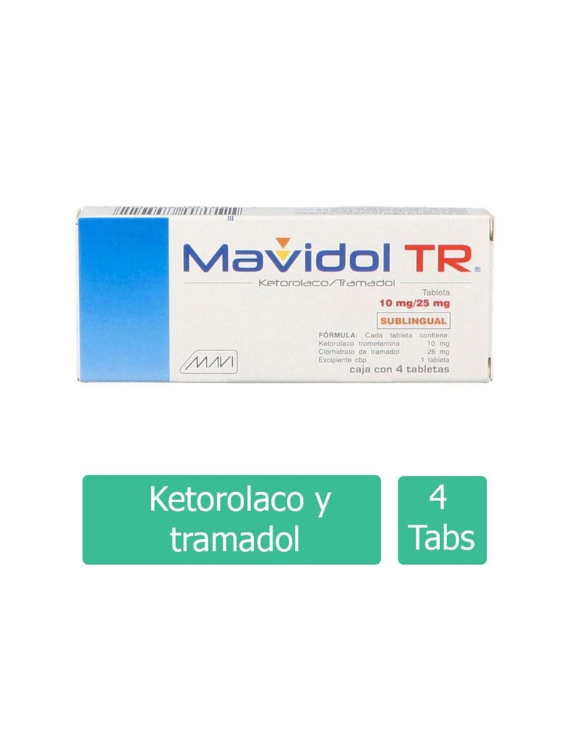 Mavidol Tr Ketorolaco/Tramadol 10/25 Mg 4 Tabletas Sublingual Genérico Mavi 