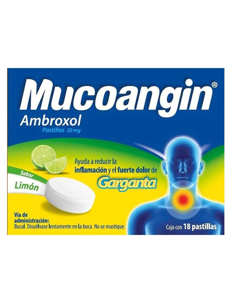 Mucoangin Alivia Dolor De Garganta. Ambroxol Limón 18 Pastillas 20 Mg 