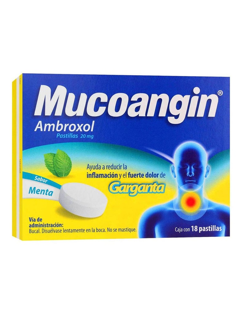 Mucoangin Alivia Dolor De Garganta. Ambroxol Menta 18 Pastillas 20 Mg 