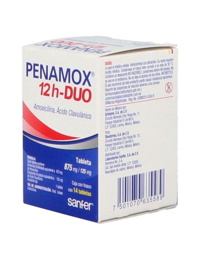 Penamox 12H Duo 875/125 Mg 14 Tabletas 