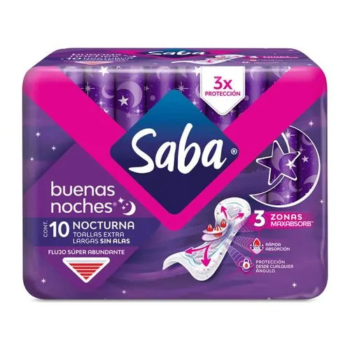 Toallas Femeninas Saba Buenas Noches sin Alas 10 piezas 