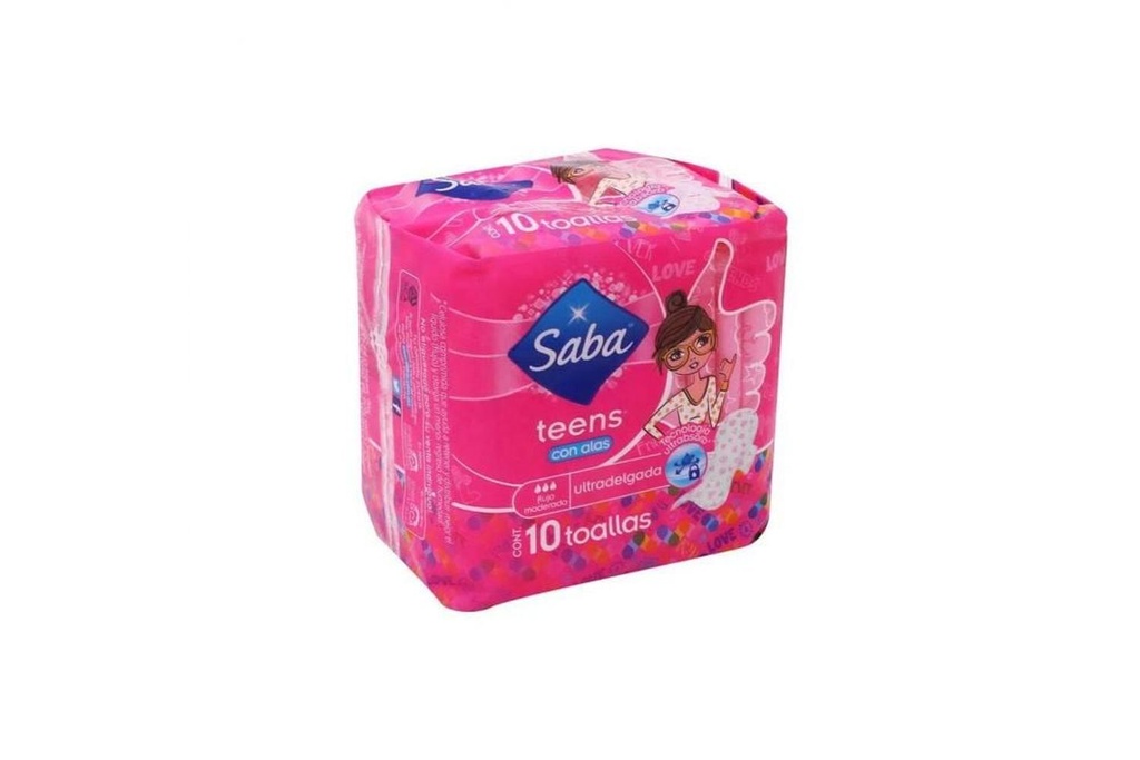 Toallas Femeninas Saba Teens Ultradelgada con Alas 10 piezas 