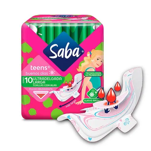 Toallas Femeninas Saba Teens Ultradelgada Larga con Alas 10 piezas 