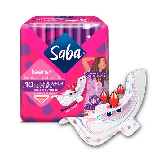 Toallas Femeninas Saba Teens Ultradelgada Nocturna con Alas 10 piezas 