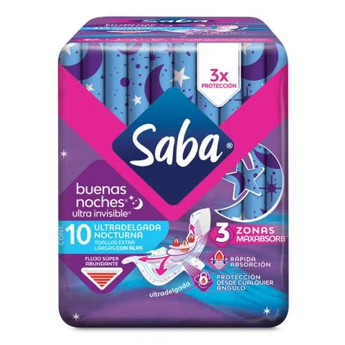 Toallas Femeninas Saba Buenas Noches Ultra Invisible Ultradelgada Nocturna con Alas 10 piezas 