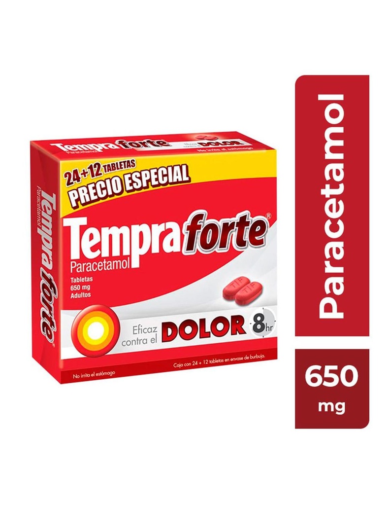 Tempra Forte Dolor 650 Mg 24 + 12 Tabletas 