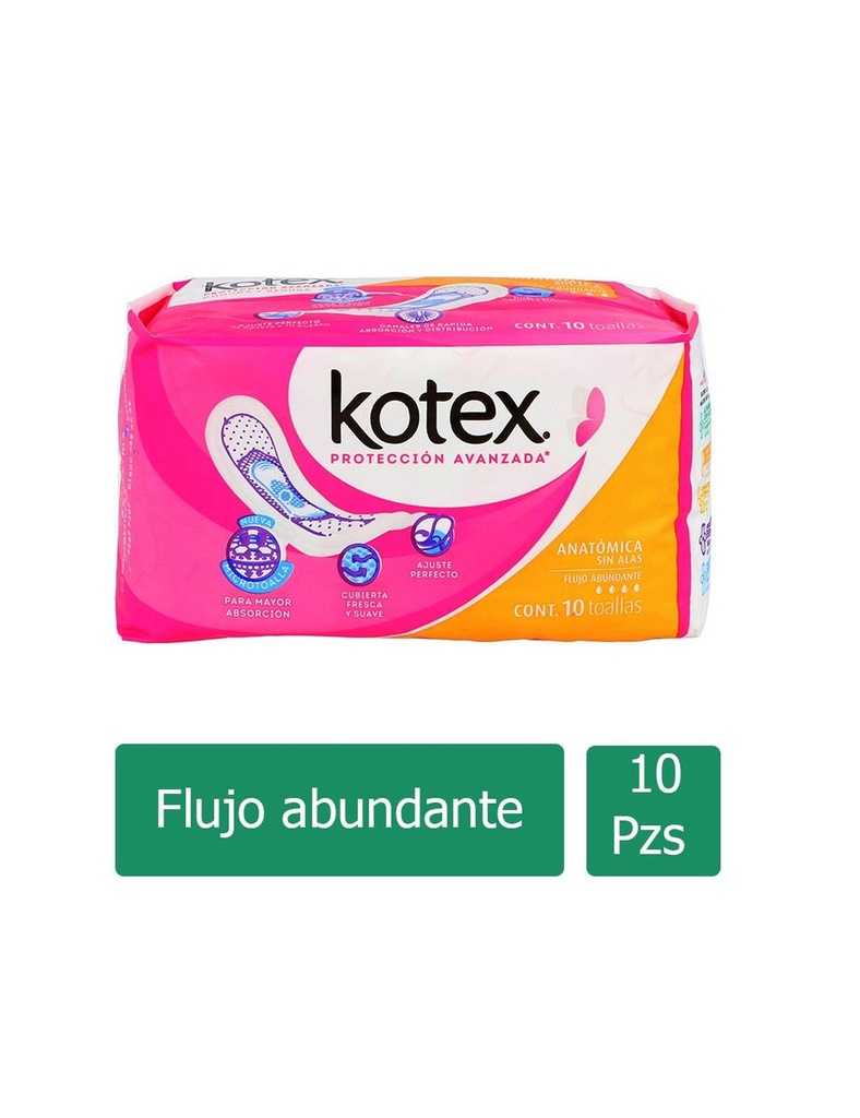 Toallas Sanitarias Kotex Clásicas Anatómicas Sin Alas 10 Piezas 
