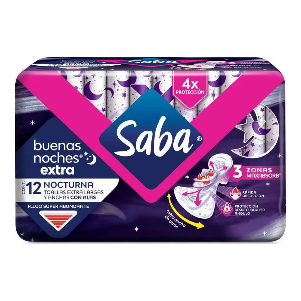 Toallas Femeninas Saba Buenas Noches Extra con Alas 12 piezas 