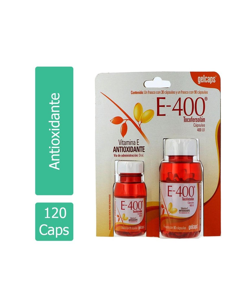 Vitamina E 400 Gelcaps 2 Frascos 1 Con 90 Cápsulas Y 1 Con 30 Cápsulas