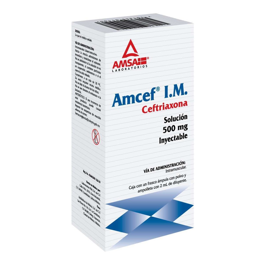 Amcef IM Ceftriaxona 500 Mg Solución Frasco Ámpula 2 Ml Genérico Amsa