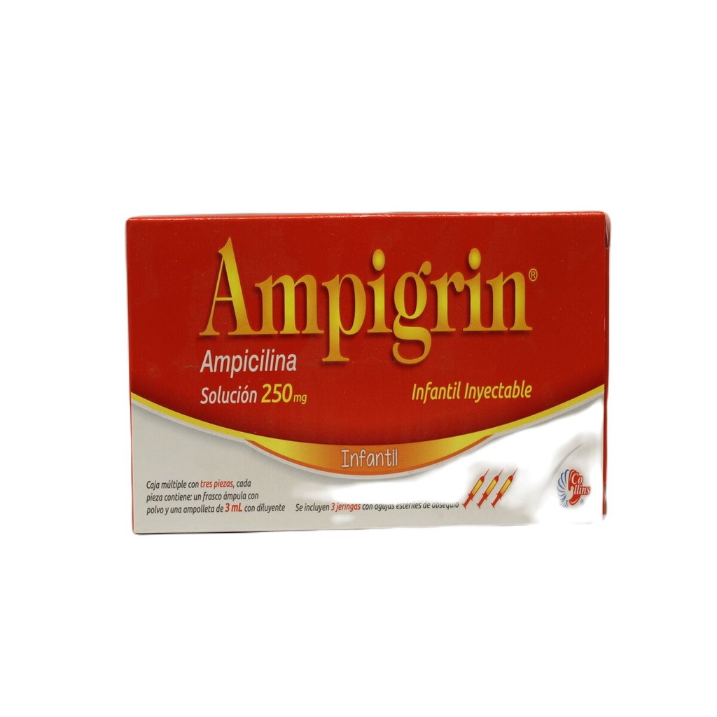Ampigrin Ampicilina 250 Mg Frasco Ámpula Infantil 3 Ampolletas 3 Ml Genérico Collins