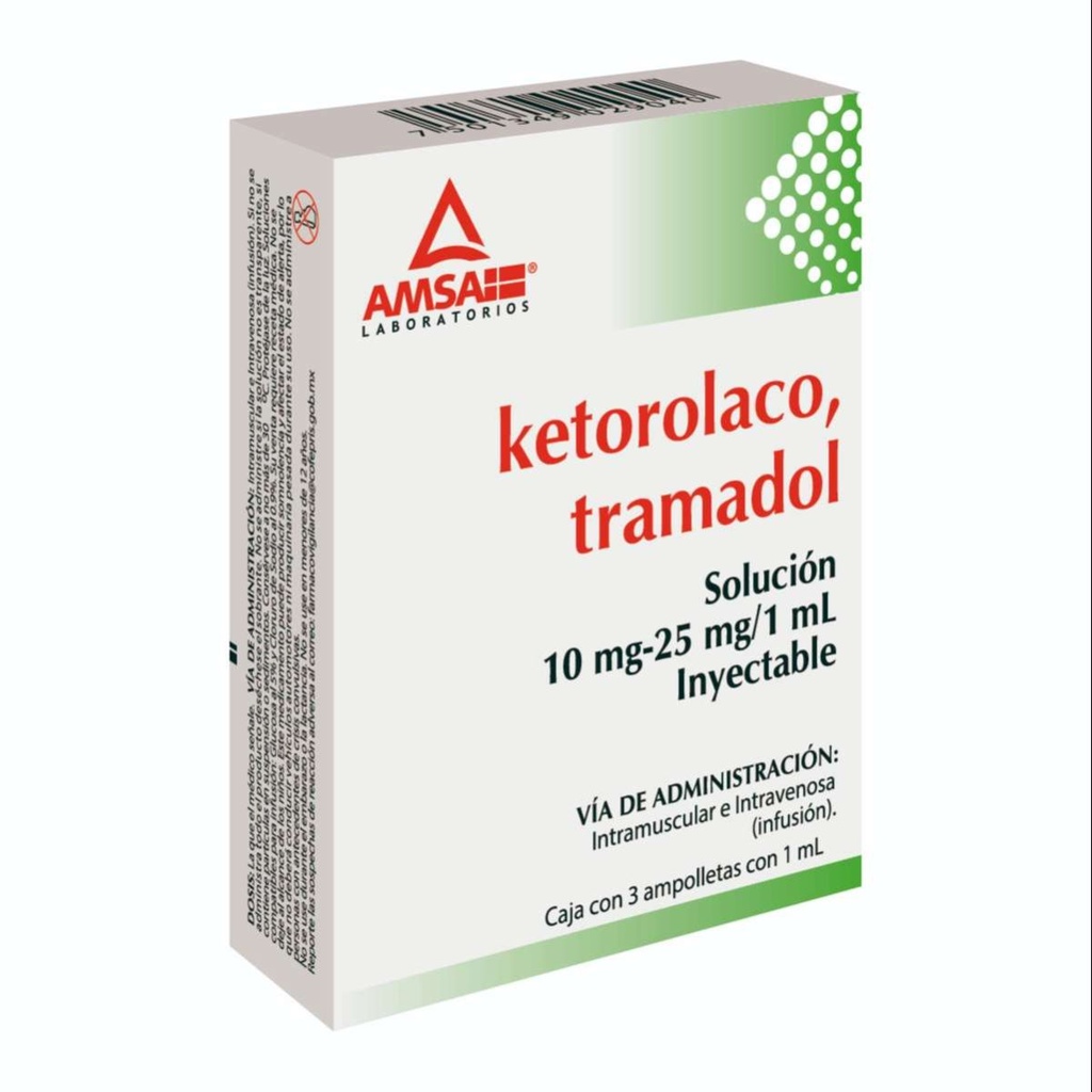 Ketorolaco/Tramadol 10/25 Mg 3 Ampolletas 1 Ml Genérico Amsa 