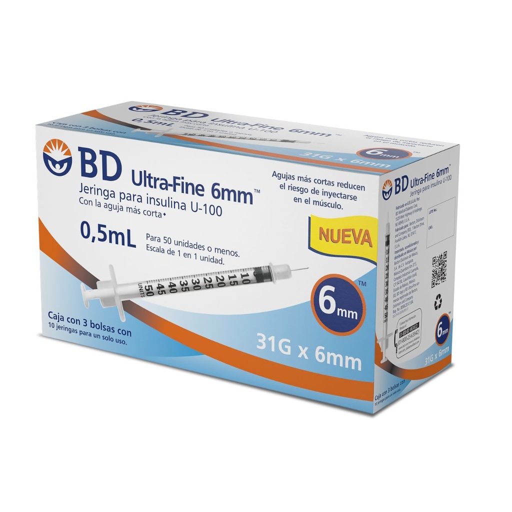 Jeringa Desechable Ultra Fine 0.5 Ml 31 G X 6 Mm 30 Piezas 