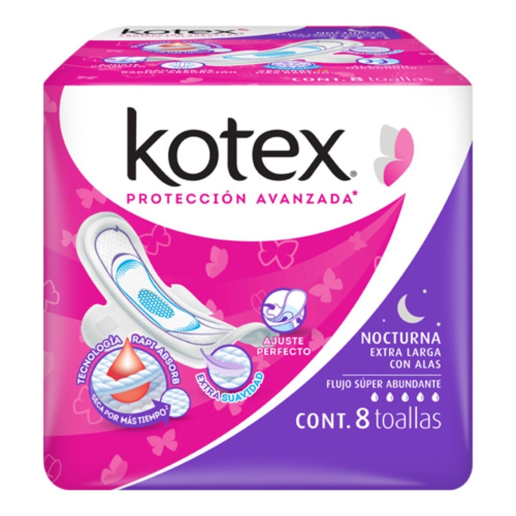[7501943418509] Toallas Sanitarias Kotex Nocturna Protección Avanzada 8 Piezas 