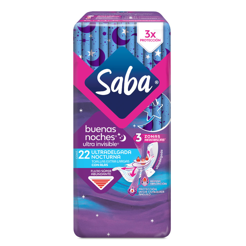 [7501019040719] Toallas Femeninas Saba Buenas Noches Ultra Invisible Ultradelgada Nocturna con Alas 22 piezas 