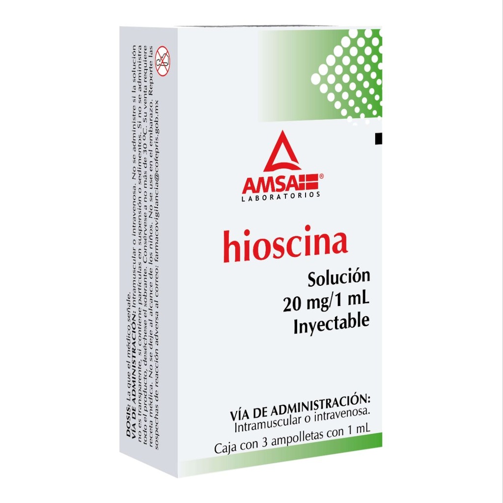 Hioscina 20 Mg Solución Inyectable 3 Ampolletas 1 Ml Genérico Amsa 
