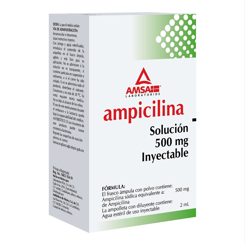 Ampicilina 500 Mg Solución Inyectable Frasco Ámpula Genérico Amsa