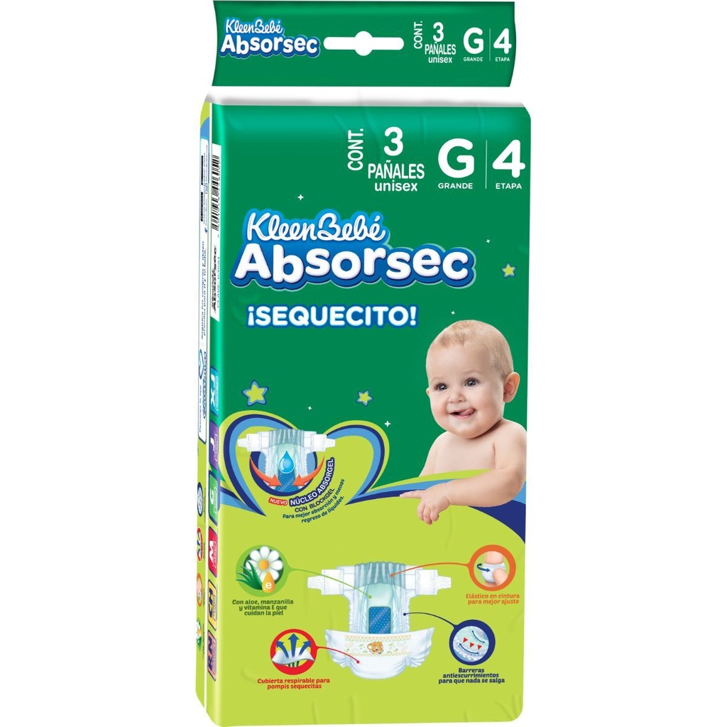 Pañal Kleen Bebé Absorsec Ultra Grande 3 Piezas 