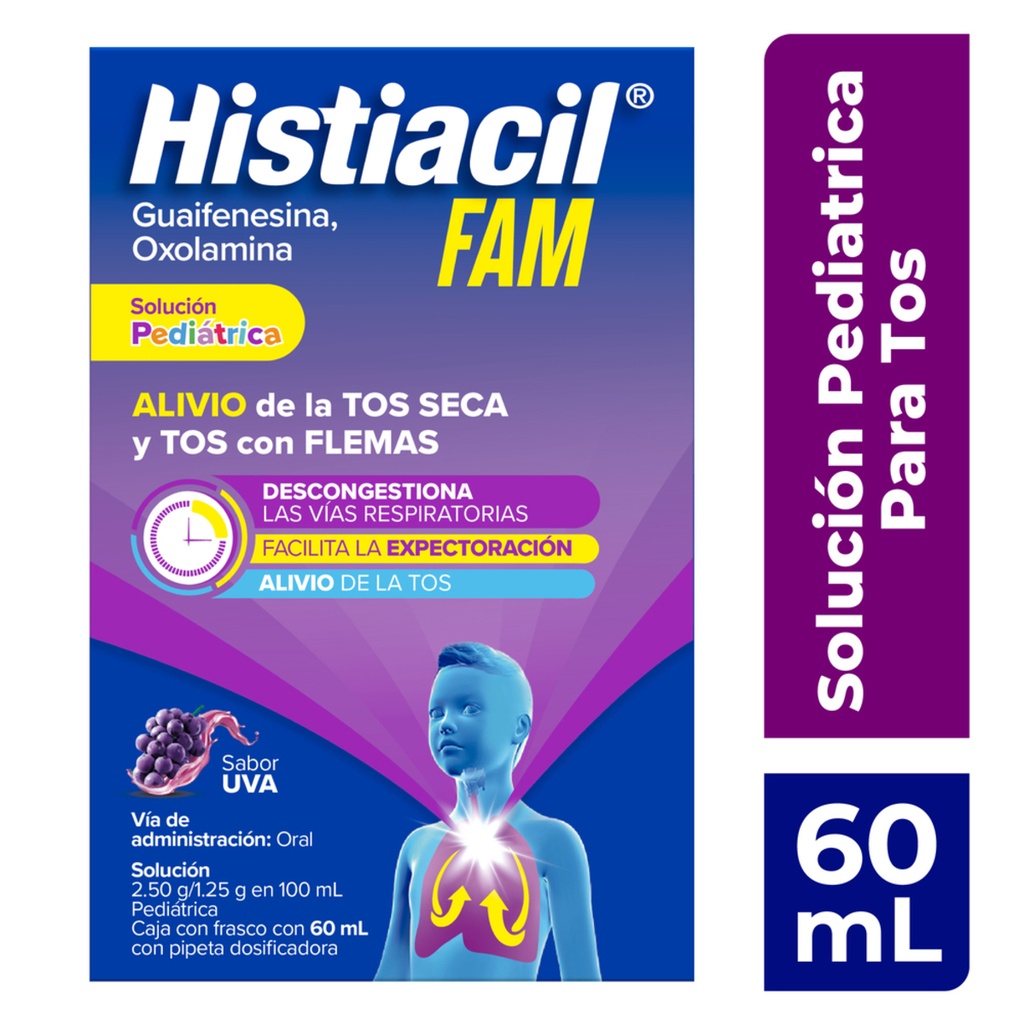 Histiacil Fam Solución Pediátrica Para La Tos Seca Y Con Flemas, Sabor Uva, 60 Ml 
