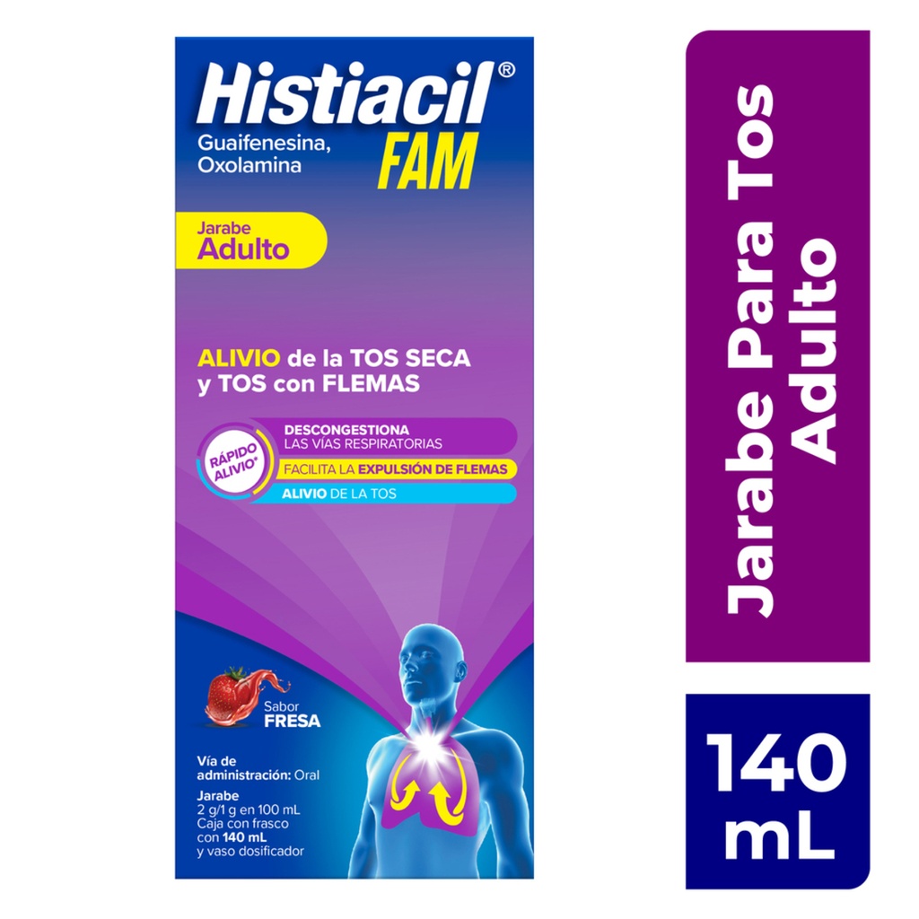 [7501165010673] Histiacil Fam Jarabe Adulto Para La Tos Seca Y Con Flemas, Sabor Fresa, 140 Ml 