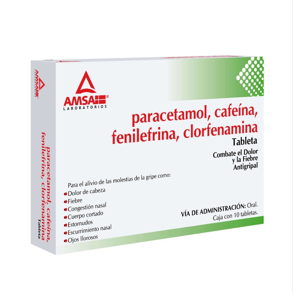 Paracetamol/Cafeína/Fenilefrina/Clorfernamina 10 Tabletas Genérico Amsa 