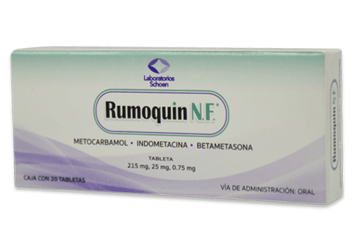 Rumoquin N.F. 20 Tabletas  metocarbamol Indometacina Betametasona 215,25,0.75 