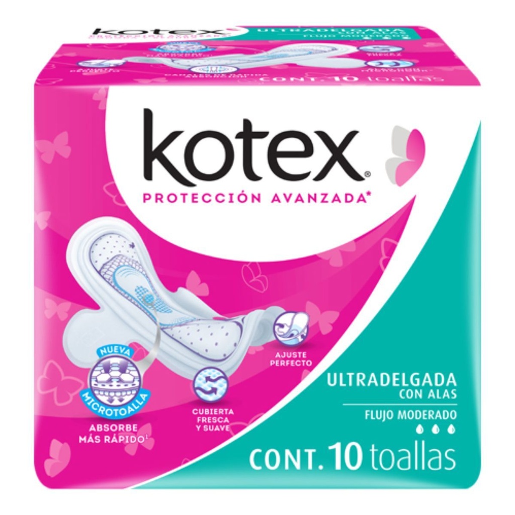 Toallas Sanitarias Kotex Ultra Delgada Con Alas 10 Piezas 