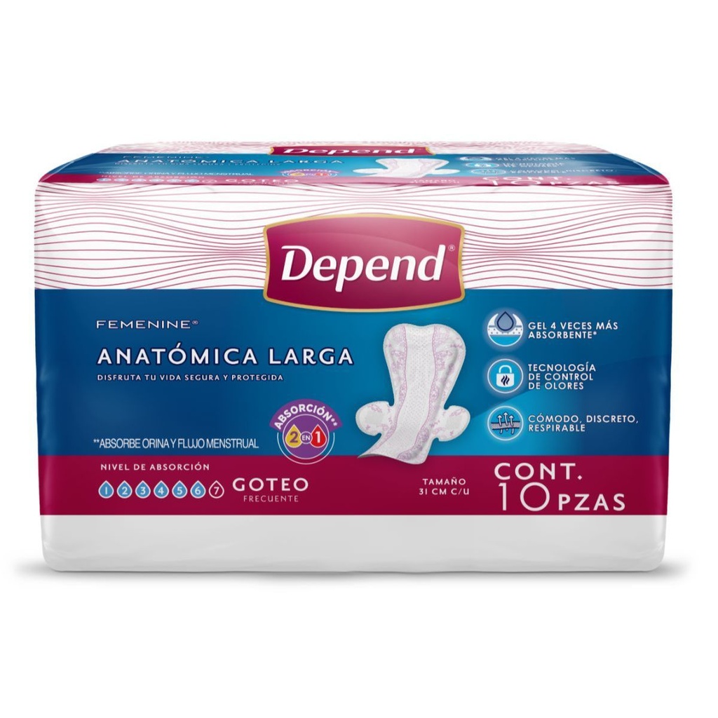 Toallas Sanitarias Depend Femenine Larga 10 Piezas 