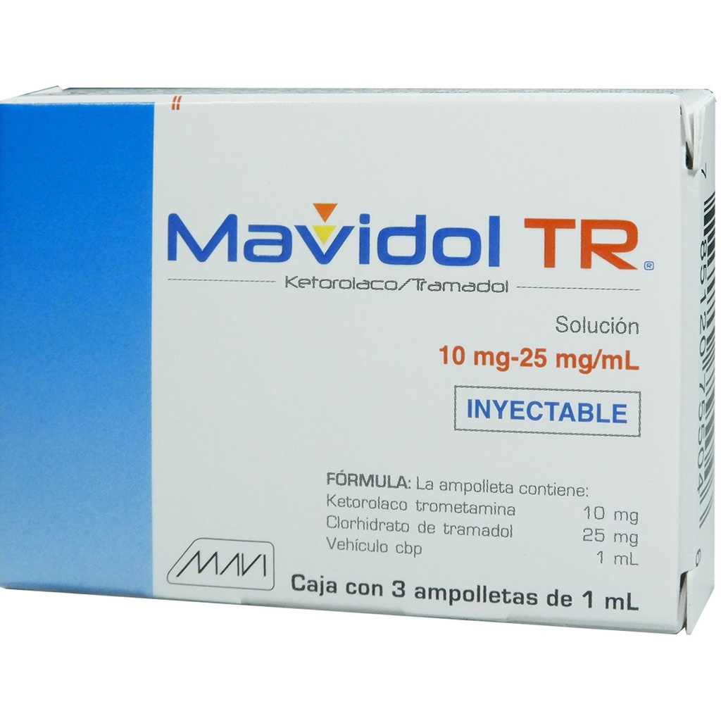 Mavidol Tr Ketorolaco/Tramadol 10/25 Mg Solución Inyectable 3 Ampolletas 1 Ml Genérico Mavi 