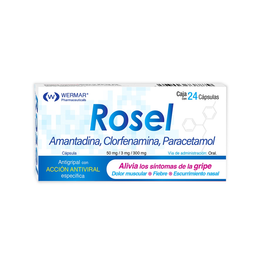 [7503003738404] Rosel Amantadina/Clorfenamina/Paracetamol 50/3/300 Mg 24 Cápsulas Genérico Wermarphar