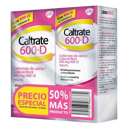 Caltrate 600+D 60 Tabletas + 30 Tabletas Gratis