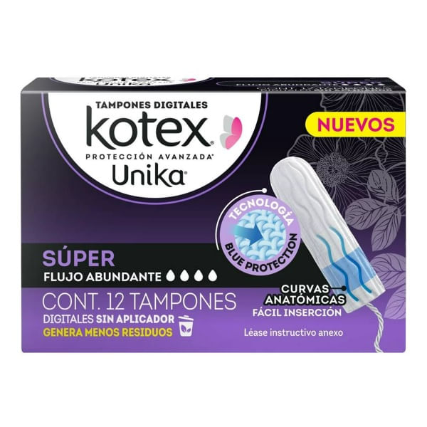 [7506425625550] Tampones Kotex Unika Super Flujo Abundante 12 Tapones 