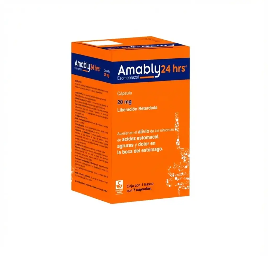 Amably 24 hrs caja con frasco con 14 cápsulas de 20 mg 