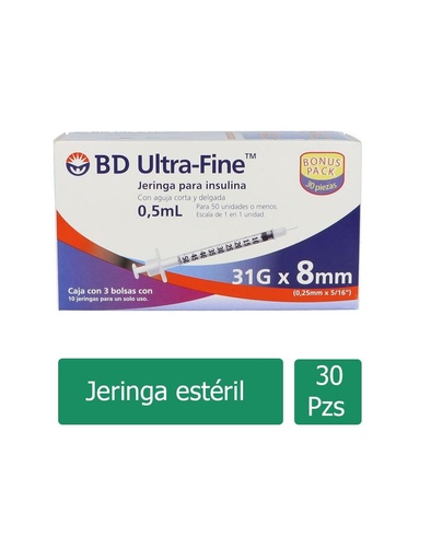 [382903267811] Jeringa Desechable BD Ultra-Fine Inyección 0.5 Ml 31 G X 8 Mm 30 Piezas