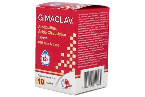 [780083149185] Gimaclav Amoxicilina/Ácido Clavulánico 875/125 Mg 10 Tabletas Genérico Collins 