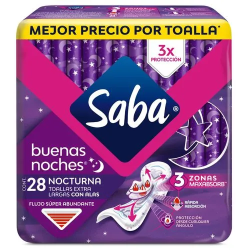 [7501019035333] Toallas Femeninas Saba Buenas Noches con Alas 28 piezas 